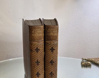 Antique French Leather Bound Books, 1902, Alfred De Musset Poesies Poetry Volumes, Vintage Decorative Set
