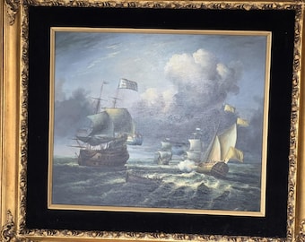 Vintage Naval Battle Oil Painting Framed | Sea Battle 1540 Replica Maritime Wall Art Ornate Gold Frame Decor