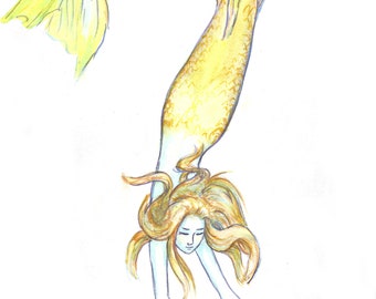 Witchy Decor yellow Mermaid Art Print