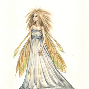 May include: Watercolour painting of a fairy with long, light brown hair and large, detailed wings. The fairy is wearing a flowing, strapless white dress. The wings have yellow and green accents. The artwork is set against a white background.