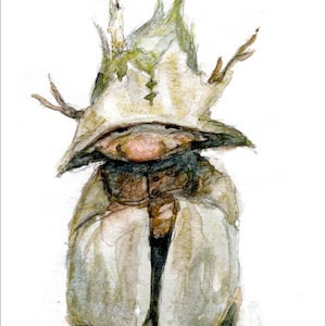 May include: Watercolor illustration of a whimsical figure with a pointed hat adorned with candle-like elements and twig-like details. The figure wears a long coat, and has a pink nose. The artwork has a soft, muted color palette.