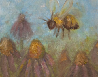 Honeybee and Flower Art Print - Bee Wall Art -  Bee Painting - Bee Art Print