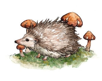 Hedgehog and Mushroom  5 x 7 Art Print - Hedgehog Wall Art -  Hedgehog Card - Garden Lover Gift