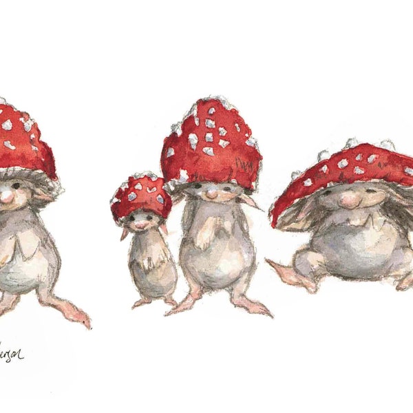 Mushling Crew - Mushroom Folk - 5 x 7 Art Print - Faery art