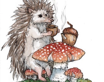 Hedgehog and Tea  5 x 7 Art Print - Hedgehog Wall Art -  Hedgehog Holiday Card - Forest Christmas