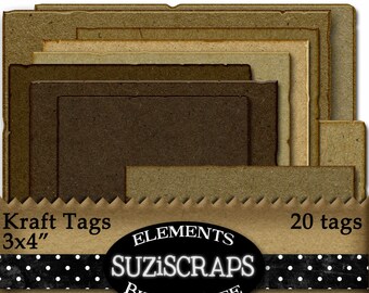 May include: Twenty brown kraft paper tags, each measuring 3 by 4 inches, stacked in a graduated pattern. The tags are distressed and have a rustic look. The text "Kraft Tags 3x4" is printed on the bottom left corner of the image. The text "20 tags" is printed on the bottom right corner of the image. The text "Elements SuziScraps Bits of Life" is printed in a black oval on the bottom center of the image.