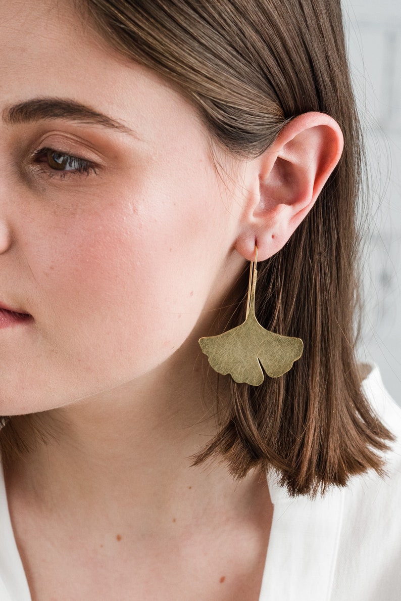 Statement Ginkgo Leaf Dangle modern golden earrings Nature inspired dangle earrings Statement leaf earrings Large golden dangle earrings