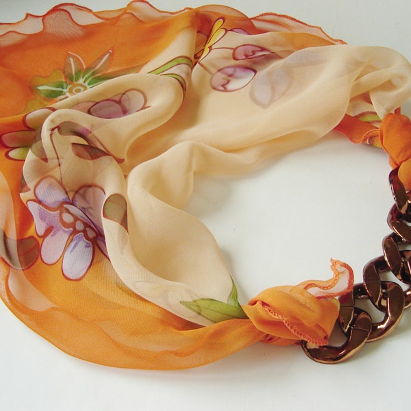 Orange Scarf with Chain Floral Anniversary gift Purse scarf Women Silk scarves Gift for Christmas Gift for Girlfriend Mom gift Silk Clothing