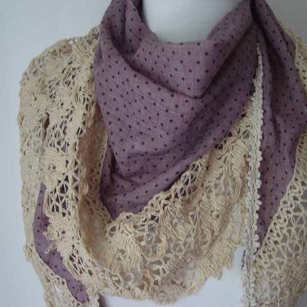 Women Scarf, Triangle scarf, Purple Scarfs, Lace scarf, Cotton Scarf, Spring scarf, Accessories summer, Unique Scarf, Scarves for women,