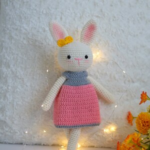 Crochet Bunny Doll, Crochet Animals, Crochet Doll, Crochet Stuffed Animal, Baby Gift for Girls, Baby Shower Gift, Baby Girl Gift, Plushie Pink and Grey Dress
