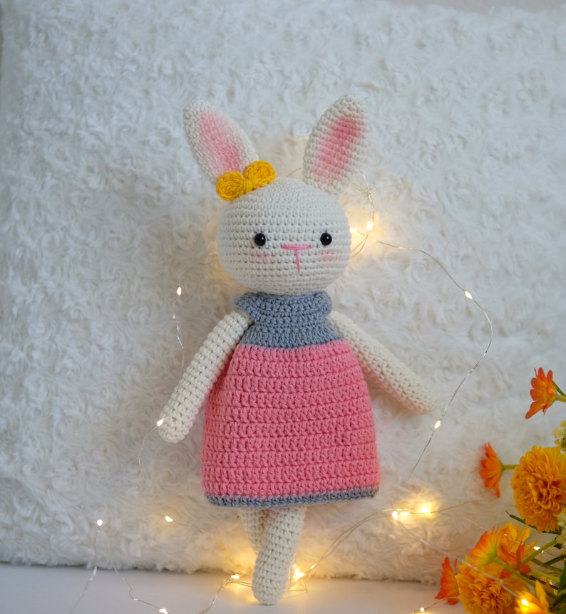 Crochet Bunny Doll, Crochet Animals, Crochet Doll, Crochet Stuffed Animal, Baby Gift for Girls, Baby Shower Gift, Baby Girl Gift, Plushie Pink and Grey Dress