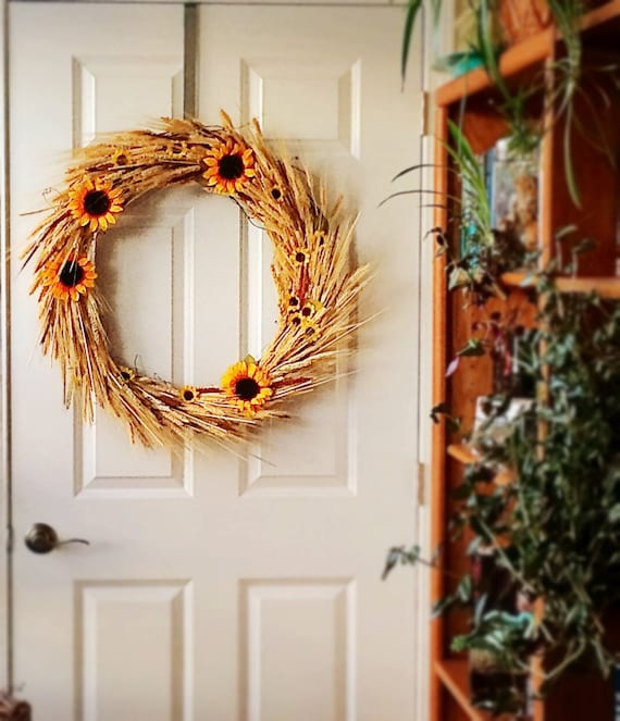 Sunflower Wreath, Kansas Wreath, Dried Wheat Wreath, Wreath, Sunflower, Wheat, Cottage Chic, Country Western Wreath