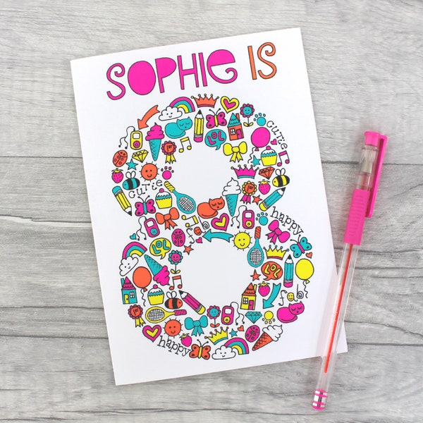 Girls 4th, 5th, 6th, 7th, 8th, 9th, 10th, 11th Birthday Card - Personalised Children's Birthday Card.