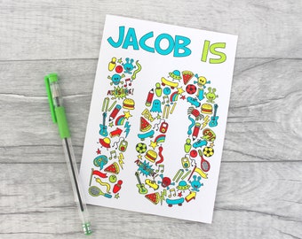 Boys Birthday Card 4th, 5th, 6th, 7th, 8th, 9th, 10th Childrens Age Card, Boy Personalised Fun Doodle, Personalized Sport, Skate Card