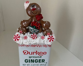 Polymer Clay Gingerbread man sitting on a Vintage Ginger Spice Tin