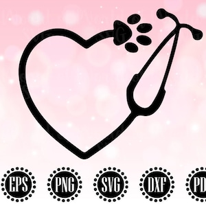 May include: Black and white silhouette of a stethoscope with a paw print on the end, forming a heart shape.