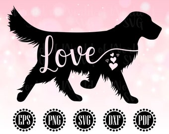 May include: Black silhouette of a dog with the word "Love" written in cursive above it. The dog is walking with its head turned to the right. There are three small hearts above the dog's head. The image is on a pink background with white dots.