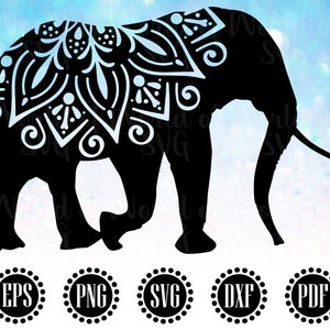 May include: Black silhouette of an elephant with a white mandala design on its head. The elephant is walking to the right. The image is on a blue and white background with the words EPS, PNG, SVG, DXF, and PDF in circles.