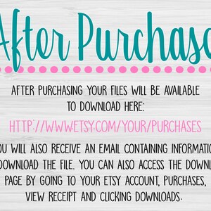 May include: A teal blue text graphic on a white woodgrain background with pink polka dots. The text reads "After Purchase:" and provides instructions on how to download digital files after purchasing. The text includes the URL "http://www.etsy.com/your/purchases".