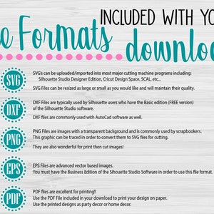 May include: A graphic showing the different file formats included with a digital download. The file formats include SVG, DXF, PNG, EPS, and PDF. The graphic is on a woodgrain background.