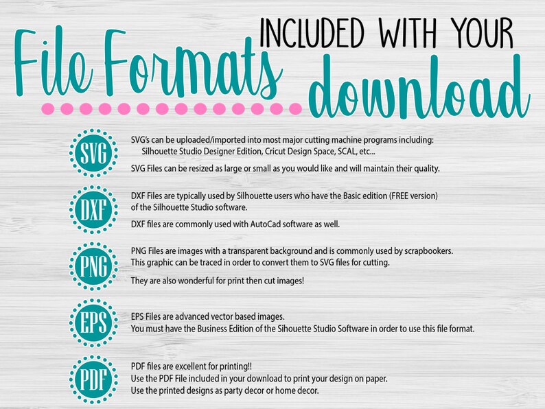 May include: A graphic showing the different file formats included with a digital download. The file formats include SVG, DXF, PNG, EPS, and PDF. The graphic is on a woodgrain background.