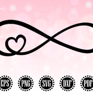 Peut inclure: Symbole d'infini noir avec un cœur à l'intérieur. Le symbole est sur un fond rose avec des points blancs.