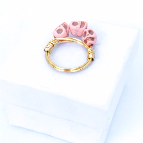 Pink & Brass Howlite Gemstone Skull Wire Wrap Ring, Size 6