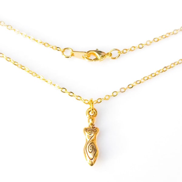 Gold Fertility Godess, Spiral Charm Necklace, 18 inch 16 karat gold plated chain.