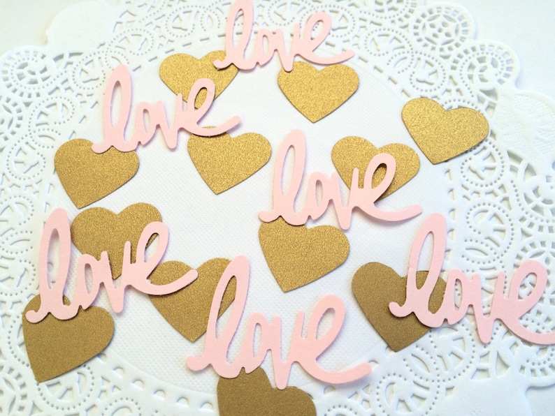 Gold and Pink confetti, Hearts and Love confetti, Bridal shower confetti, Valentine's day confetti, Scrapbooking accessory, Anniversary. image 2