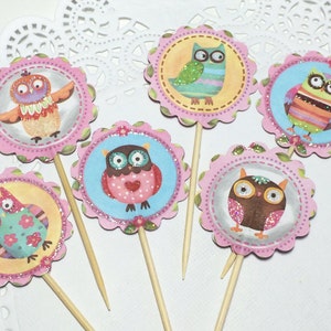 Owl cupcake toppers, glitter owl cupcake toppers, Baby Shower cupcake picks, Children&#39;s Birthday party decoration, Garden Party dessert pick