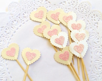 Cupcake toppers, Ivory and glittery pink heart cake toppers, pink wedding cake toppers, Gender reveal cupcake toppers, cupcake decorations.