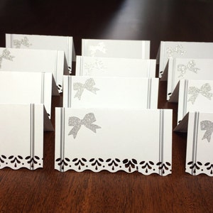 Handmade Place cards, Glittery Bow place cards, Elegant Wedding place cards, Silver Bow Place card, Seating chaart cards, party favor label