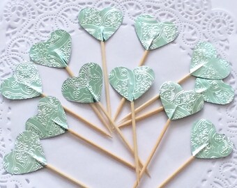 Light teal heart Cupcake toppers, Handmade teal cake topper, Baby boy cupcake toppers, Teal appetizer pick, Light Teal Wedding cake toppers.