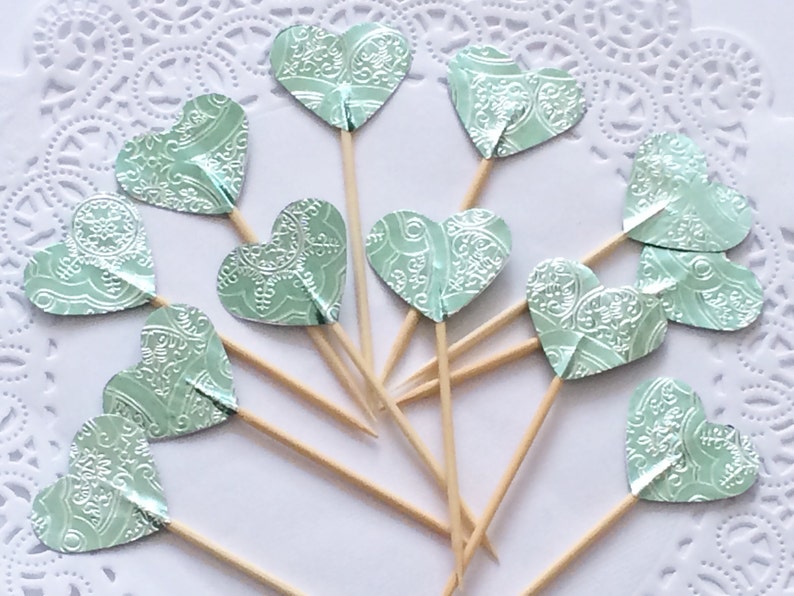 Light Teal Heart Cupcake Toppers Handmade Teal Cake Topper Etsy