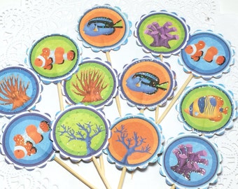 Ocean Theme Cupcake toppers, Glittery Clown Fish cupcake picks, Nemo cupcake toppers, Nemo Theme cupcake toppers, Beach Party theme picks.