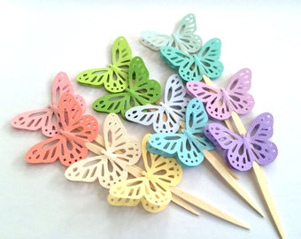 3D Butterfly Rainbow cupcake toppers, 3D appetizer toppesr, Rainbow theme cupcake toppers, Fancy Cocktail stirrer, Garden wedding cake pick