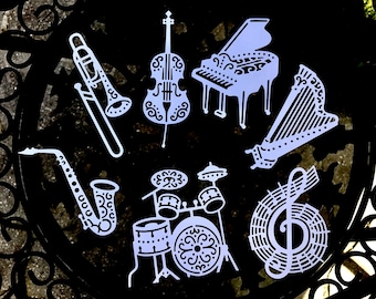 Musical instrument die cut, Musical instrument ornaments, Rock n Roll theme party, Music instruments car decals, Music theme birthday decor