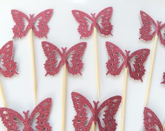 12 Red Glitter Butterfly picks, cupcake toppers, cake, appetizer, pastry picks, Valentine cake toppers, Drink stirrers, Cocktail stirreres.