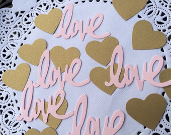 Gold and Pink confetti, Hearts and Love confetti, Bridal shower confetti, Valentine's day confetti, Scrapbooking accessory, Anniversary.