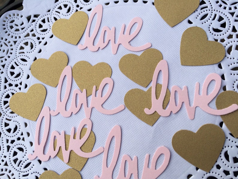 Gold and Pink confetti, Hearts and Love confetti, Bridal shower confetti, Valentine's day confetti, Scrapbooking accessory, Anniversary. image 1