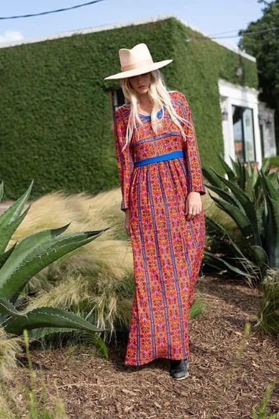 Vintage bright 70's paisley floor length dress