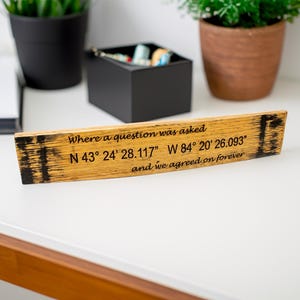 以下が含まれることがあります： 「Where a question was asked N 43° 24' 28.117" W 84° 20' 26.093" and we agreed on forever」と書かれた木製の看板。