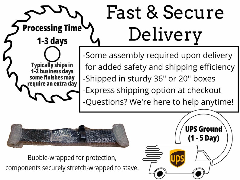 Fast & Secure Delivery for Whiskey Barrel Stave Guitar Hangers: 1-3 days processing time, bubble-wrapped parts, shipped in 36" or 20" boxes via UPS Ground with customer support available.