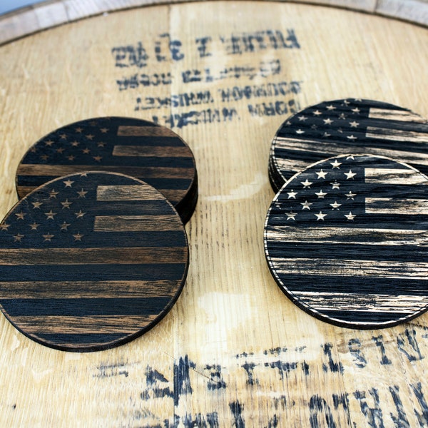 4" Round Coasters - Personalized Rustic American Flag - Oak or Walnut