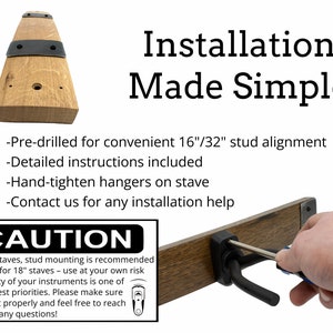 Installation guide for Whiskey Barrel Stave Guitar Hanger: pre-drilled for 16"/32" studs, includes instructions, with caution for safe mounting of 36" staves and customer support offer for assistance.