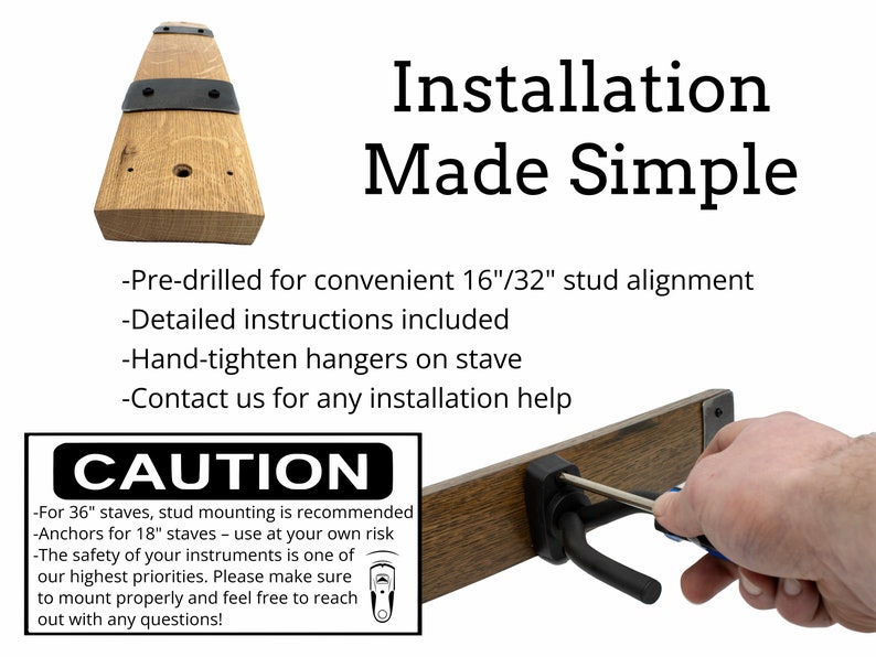 Installation guide for Whiskey Barrel Stave Guitar Hanger: pre-drilled for 16"/32" studs, includes instructions, with caution for safe mounting of 36" staves and customer support offer for assistance.