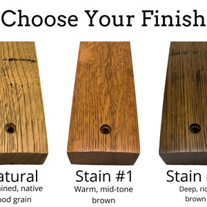 Choose your finish for whiskey barrel stave products: 'Natural' with untouched wood grain, 'Stain #1' in a warm mid-tone brown, and 'Stain #2' in a deep, rich brown, displayed side by side for comparison.