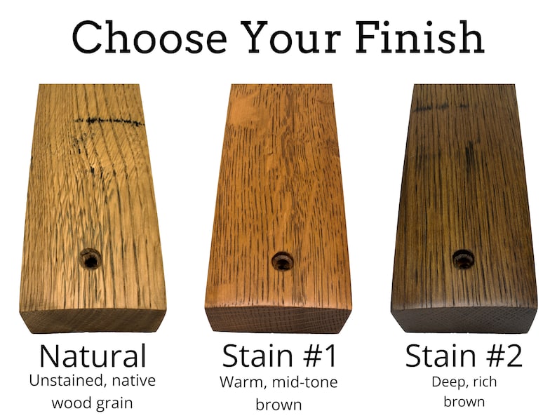 Choose your finish for whiskey barrel stave products: 'Natural' with untouched wood grain, 'Stain #1' in a warm mid-tone brown, and 'Stain #2' in a deep, rich brown, displayed side by side for comparison.