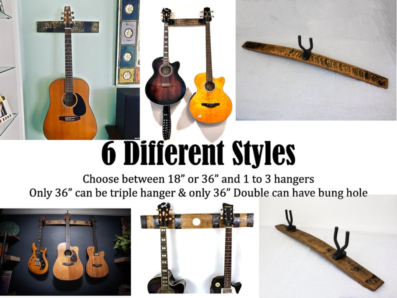 Extensive collection of whiskey barrel stave guitar hangers in a range of styles and sizes, featuring 18-inch models with one or two hooks, 36-inch versions with one, two, or three hooks, and a distinctive 36-inch double hook hanger with a bung hole.