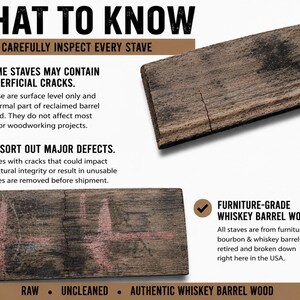 May include: Two pieces of reclaimed brown whiskey barrel wood staves with visible grain and surface cracks. Text includes WHAT TO KNOW, WE CAREFULLY INSPECT EVERY STAVE, SOME STAVES MAY CONTAIN SUPERFICIAL CRACKS, WE SORT OUT MAJOR DEFECTS, FURNITURE-GRADE WHISKEY BARREL WOOD, RAW, UNCLEANED, AUTHENTIC WHISKEY BARREL WOOD.